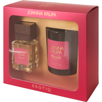 Zestaw Esotiq Joanna Krupa Secret Sense: perfumy damskie i świeca sojowa w różowym pudełku z okienkiem.