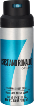 Dezodorant perfumowany Cristiano Ronaldo Origins w srebrnej puszce z błękitnym wzorem, czarną nakładką, widok z przodu.