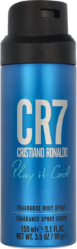 CR7 Cristiano Ronaldo Play It Cool fragrance body spray, niebieska metaliczna puszka, widok z przodu.