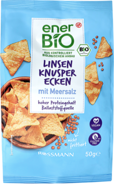 Niebieskie opakowanie enerBiO Linsen Knusper Ecken mit Meersalz, wegańskie i bezglutenowe, widok z przodu.