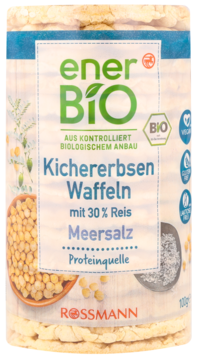 Wafle ciecierzycowe enerBIO z solą morską i ryżem, w przezroczystym opakowaniu, widok z przodu.