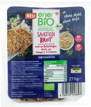 Tył opakowania enerBiO Saaten Brot 275g, chleba bez mąki i drożdży. Widoczna tabela odżywcza i lista składników.