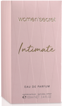 Damskie perfumy women'secret Intimate EDP 100ml w pudroworóżowym kartoniku ze złotymi napisami, widok z przodu.