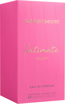 Intensywnie różowe pudełko Women'Secret Intimate Delight EDP, widok z przodu i boku, złote napisy.