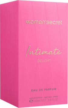 Intensywnie różowe pudełko Women'Secret Intimate Delight EDP, widok z przodu i boku, złote napisy.