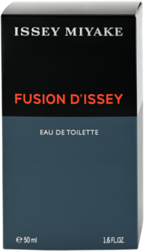 Opakowanie Issey Miyake Fusion d'Issey EDT dla mężczyzn, czarno-szare z pomarańczowym napisem Fusion d'Issey, widok z przodu.