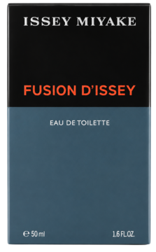 Issey Miyake Fusion d'Issey męska woda toaletowa, czarno-szare pudełko z czerwonym napisem, widok z przodu.