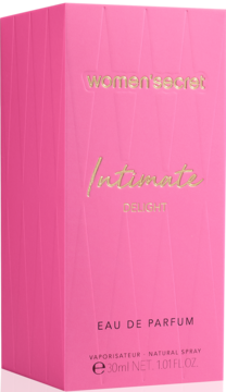 Intensywnie różowe pudełko perfum Women'secret Intimate Delight EDP 30ml ze złotym tekstem, przód i bok.