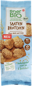 Opakowanie Ener Bio Saaten Brötchen, wegańskie bułki bez mąki i drożdży, z upieczonymi bułkami.