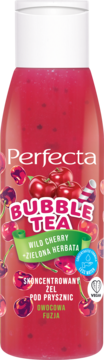 Perfecta Bubble Tea skoncentrowany żel pod prysznic, dzika wiśnia i zielona herbata, w czerwonej butelce z grafiką wiśni, widok z przodu.