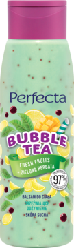 Perfecta Bubble Tea balsam do ciała w zielonej butelce z różową nakrętką, z owocami i zieloną herbatą, dla suchej skóry.