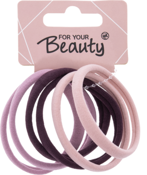 Zestaw 6 delikatnych gumek do włosów w odcieniach różu i fioletu, na różowej zawieszce z napisem FOR YOUR Beauty.