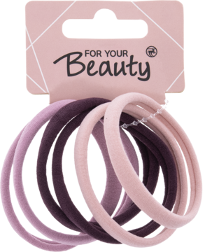 Zestaw 6 delikatnych gumek do włosów w odcieniach różu i fioletu, na różowej zawieszce z napisem FOR YOUR Beauty.