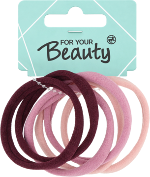 Zestaw sześciu delikatnych gumek do włosów w odcieniach różu i burgundu, na opakowaniu For Your Beauty.