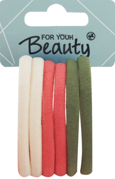 Zestaw delikatnych gumek do włos3w: kremowe, koralowe i oliwkowe, na opakowaniu "FOR YOUR Beauty".