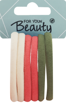 Zestaw delikatnych gumek do włos3w: kremowe, koralowe i oliwkowe, na opakowaniu "FOR YOUR Beauty".