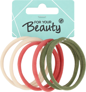 6 elastycznych gumek do włosów w kolorach beżowym, koralowym, oliwkowym, na zielonej karcie "FOR YOUR Beauty".