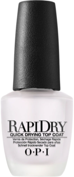 OPI RapiDry Quick Drying Top Coat, bezbarwny top do paznokci w butelce z czarną zakrętką, widok z przodu.