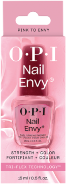 OPI Nail Envy Pink To Envy, różowa odżywka wzmacniająca w opakowaniu, podkreślająca Tri-Flex Technology.
