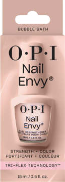 OPI Nail Envy Bubble Bath, różowa wzmacniająca odżywka do paznokci w opakowaniu, z napisem Tri-Flex Technology.