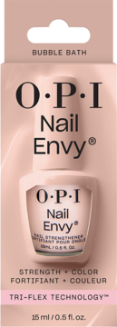 OPI Nail Envy Bubble Bath, różowa wzmacniająca odżywka do paznokci w opakowaniu, z napisem Tri-Flex Technology.