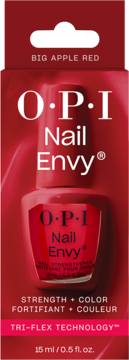 OPI Nail Envy Big Apple Red, wzmacniająca odżywka do paznokci z Tri-Flex Technology, w czerwonym pudełku, widok z przodu.