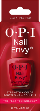 OPI Nail Envy Big Apple Red, wzmacniająca odżywka do paznokci z Tri-Flex Technology, w czerwonym pudełku, widok z przodu.