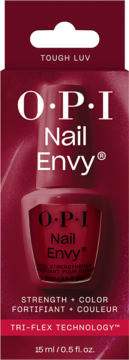Kolorowa odżywka wzmacniająca OPI Nail Envy Tough Luv, 15ml, w bordowym pudełku, widok z przodu.