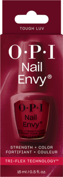 Kolorowa odżywka wzmacniająca OPI Nail Envy Tough Luv, 15ml, w bordowym pudełku, widok z przodu.