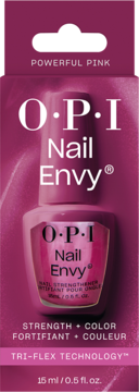 Pudełko odżywki OPI Nail Envy Powerful Pink, widok z przodu, wzmacniająca formuła z kolorem.