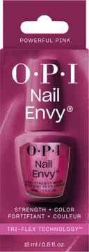 Pudełko odżywki OPI Nail Envy Powerful Pink, widok z przodu, wzmacniająca formuła z kolorem.
