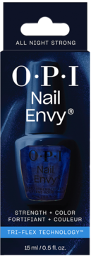 OPI Nail Envy kolorowa odżywka w granatowym pudełku, z napisem All Night Strong i Tri-Flex Technology, widok z przodu.