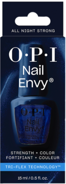 OPI Nail Envy kolorowa odżywka w granatowym pudełku, z napisem All Night Strong i Tri-Flex Technology, widok z przodu.