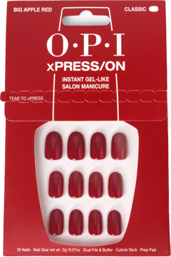Czerwone sztuczne paznokcie OPI xPRESS/ON Big Apple Red w opakowaniu, z napisem INSTANT GEL-LIKE SALON MANICURE.