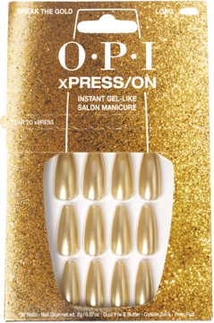 Złote sztuczne paznokcie OPI xPRESS/ON Break The Gold, długie, o zwężanym kształcie, w opakowaniu.