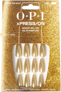 Złote sztuczne paznokcie OPI xPRESS/ON Break The Gold, długie, o zwężanym kształcie, w opakowaniu.