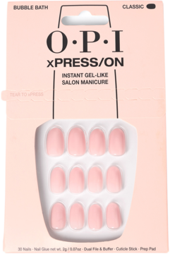 Widok z przodu opakowania OPI XPRESS/ON Instant Manicure Bubble Bath z 30 krótkimi, różowymi paznokciami.