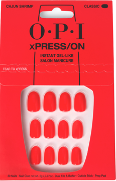 OPI xPRESS/ON Cajun Shrimp, czerwone pudełko z 12 koralowymi, krótkimi sztucznymi paznokciami, widok z przodu.