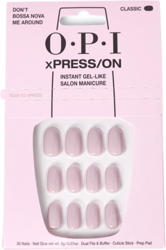 OPI xPRESS/ON, jasnoróżowe, zaokrąglone sztuczne paznokcie „Don't Bossa Nova Me Around” w otwartym opakowaniu.