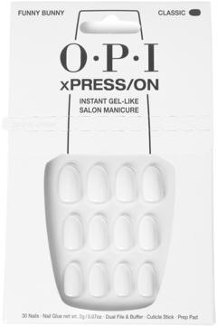 OPI xPRESS/ON białe sztuczne paznokcie Funny Bunny, zaokrąglone, w białym opakowaniu, widok z przodu.