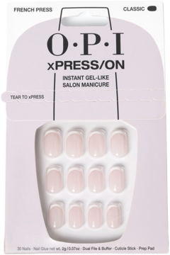 OPI xPRESS-ON French Press, klasyczne sztuczne paznokcie z beżową bazą i białymi końcówkami, w opakowaniu.