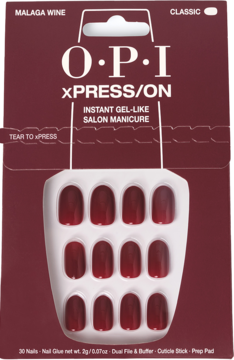 Zestaw OPI xPRESS/ON z 30 krótkimi, błyszczącymi sztucznymi paznokciami w kolorze głębokiego wina Malaga Wine, widok opakowania.