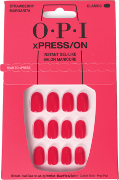 OPI xPRESS-ON Strawberry Margarita: krótkie, różowe sztuczne paznokcie w otwartym opakowaniu.