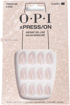 OPI XPRESS/ON sztuczne paznokcie Throw Me a Kiss. Krótkie, różowe, błyszczące, w kartonowym opakowaniu.