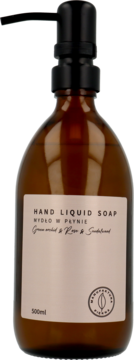 Bursztynowa butelka mydła w płynie Manufaktura Piękna, z czarną pompką, etykieta 'Green orchid & Rose & Sandalwood'.