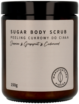 Cukrowy peeling do ciała Jasmine & Grapefruit & Cedarwood w brązowym słoiku, widok z przodu.