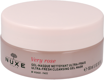 Nuxe Very Rose Ultra-Fresh Cleansing Gel Mask w jasnoróżowym słoiczku z jaśniejszą nakrętką, widok z przodu.