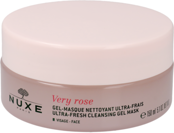Nuxe Very Rose Ultra-Fresh Cleansing Gel Mask w jasnoróżowym słoiczku z jaśniejszą nakrętką, widok z przodu.