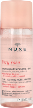 Nuxe Very Rose 3-in-1 Soothing Micellar Water, 100ml clear cylindrical bottle with pink liquid and light pink cap, front view.
