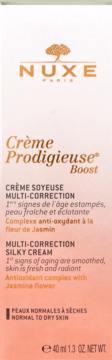 Białe opakowanie Nuxe Crème Prodigieuse Boost, kremu multikorekcyjnego z jaśminem do cery normalnej, widok z przodu.